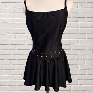 Vintage La Blanca Black Swimdress Size 14 – Gold Grommet Waist – Made in USA